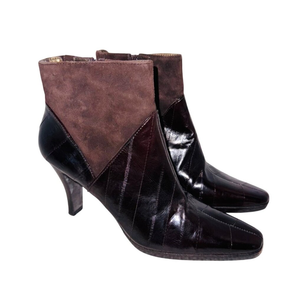 Moda Spana Brown Wendy Eel Skin Suede Heeled Square Toe Ankle Boots 6.5 Zipper - Picture 2 of 15
